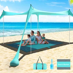 Large Beach Tent Sunshade UPF50+, 10x10 FT Family Beach Shade Canopy with Mat and 4 Poles for Camping,Party,Picnics, Backyard