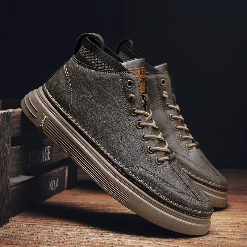 Trendy men's new shoes, high top black casual sports shoes, platform ankle boots