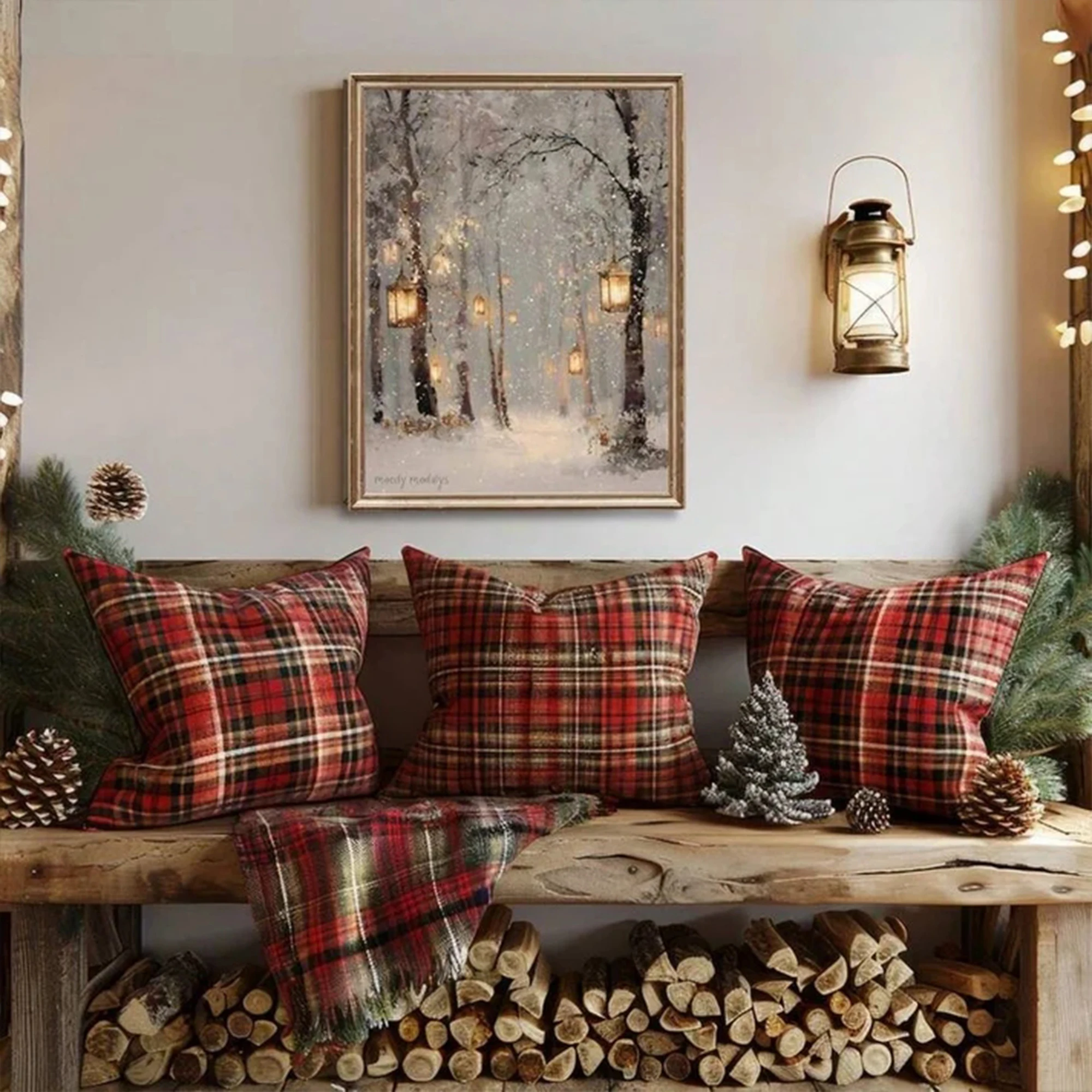 Modern Snowy Forest Lantern Winter Wall Art Print Canvas Painting Poster Picture For Living Room,Bedroom Home Decor