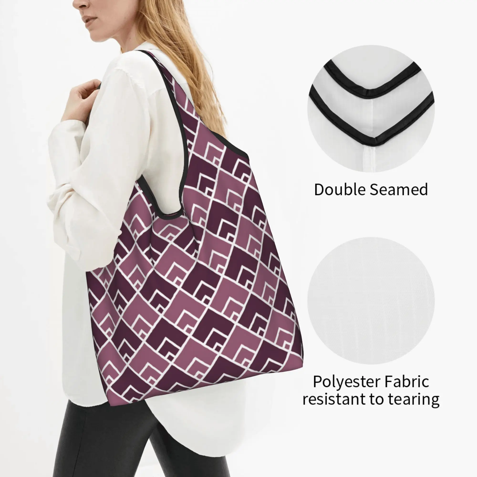 Abstract Geometry Plaid Pattern Groceries Shopping Bag Kawaii Shopper Shoulder Tote Bags Large Capacity Portable  Handbag