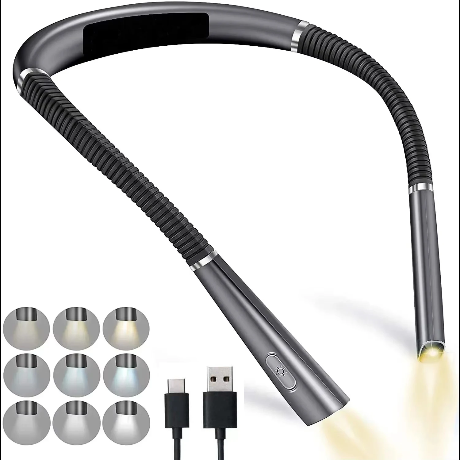 

Светодиодная лампа для чтения на шее, перезаряжаемая через USB, для чтения в постели, бережет глаза, 3 цвета, регулируемая яркость, гибкие дужки