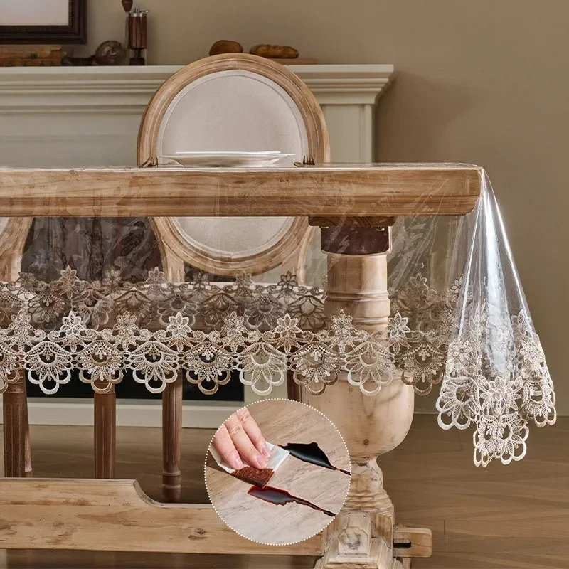 1pc Soft Table Cloth Modern Luxury Home Decoration PVC Clear Lace Waterproof Oil Proof and Heat Insulation Desk Mat