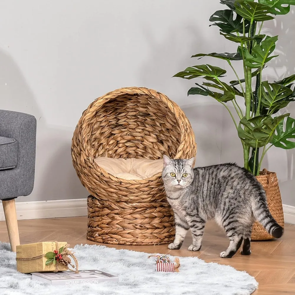 

Handwoven Elevated Cat Bed with Soft Cushion & Cat Egg Chair Shape, Cat Basket Bed Kitty House with Stand