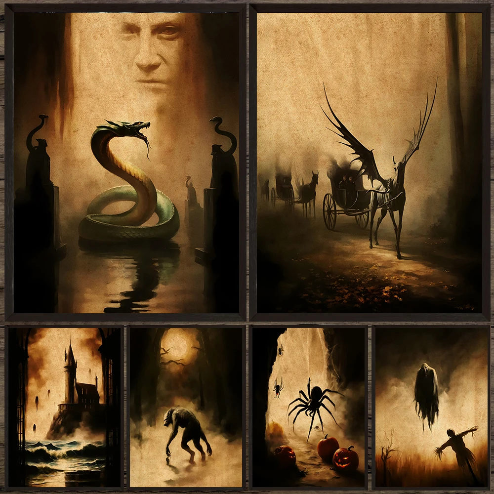 Wizarding World & Mythical Creatures Vintage Wall Art Canvas Print,Thestral,Basilisk And Werewolf Witchcraft Fantasy Art Poster