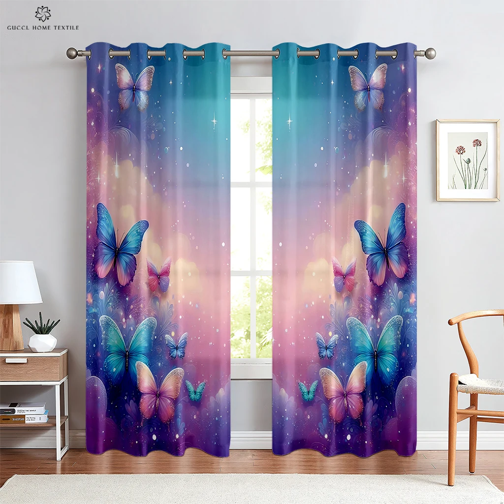 

Window Curtains with Colorful Butterfly, Rainbow, Fantasy Print, Girls Room, Living Room, Balcony Decoration, Can Be Customized