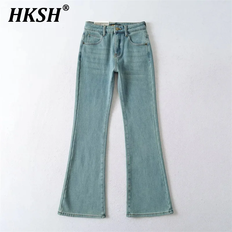 HKSH Autumn Winter New Women's Plush Thicken High Waist Micro Flared Jeans Washed Stretchy Slim Floor Length Denim Pants HK3666