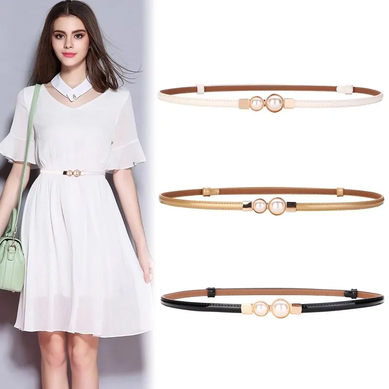 Casual New Glossy Genuine Leather Pearl Women's belt With Thin Waist Decorative And Skirt Waist Buckle Women's belt Luxury