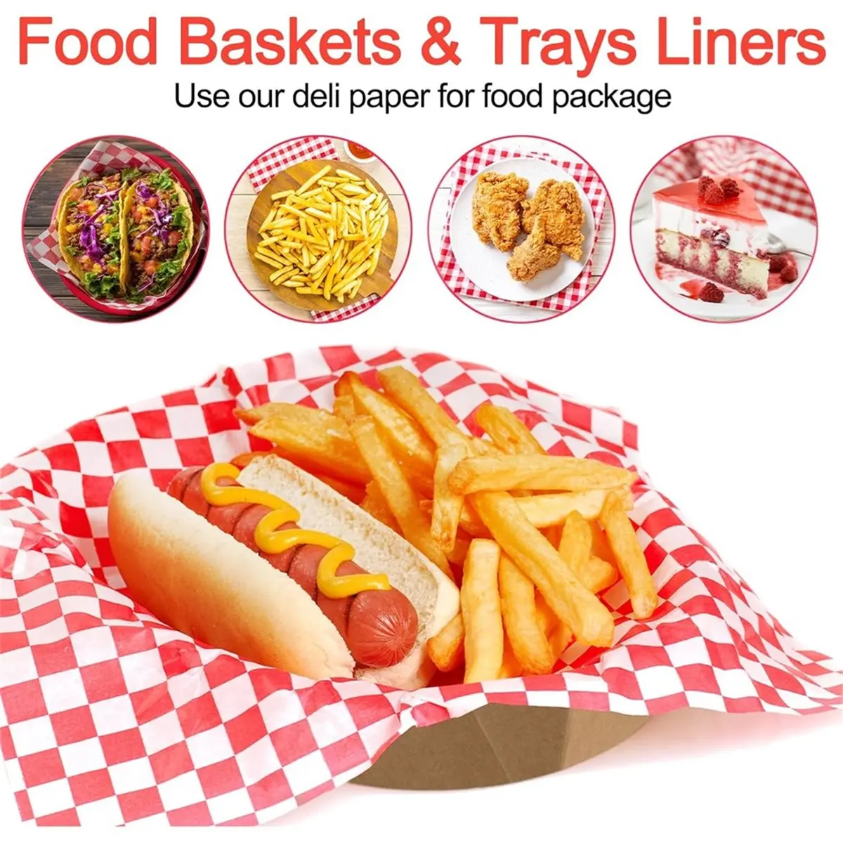 Utility Design 200Sheets Sandwich Wrapping Paper, 12 X 12 Inches Red and White Checkered Paper Liners for Plastic Food Basket