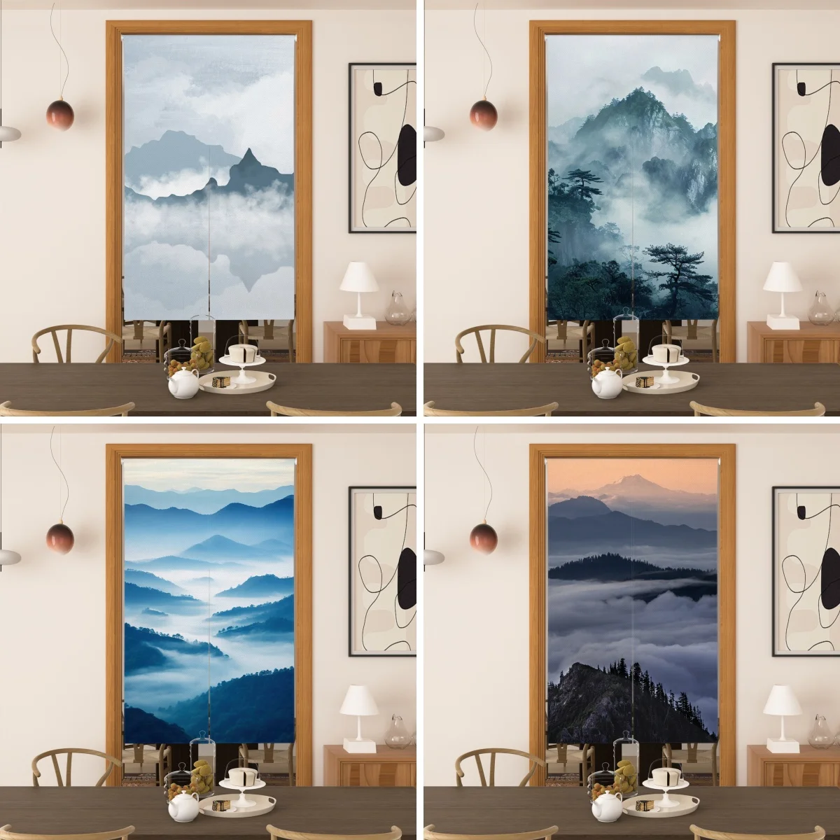 Japanese Style Noren Door Curtain Mountain Cloud Mist Gradient Blue Grey Orange for Zen Home Decor Tea Room Kitchen Half Curtain