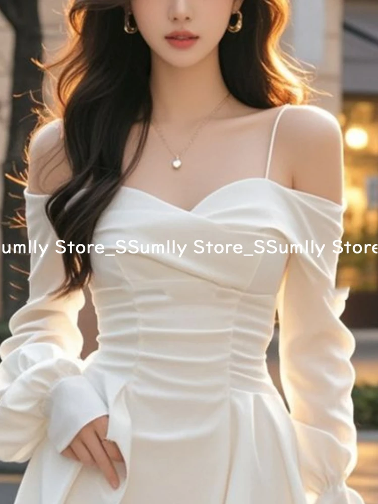 2025 New White Off Shoulder Strap Dress Women Spring Elegant Slim Fit A-line Short Dresses French Sexy Pleated Female Clothes - Image 3