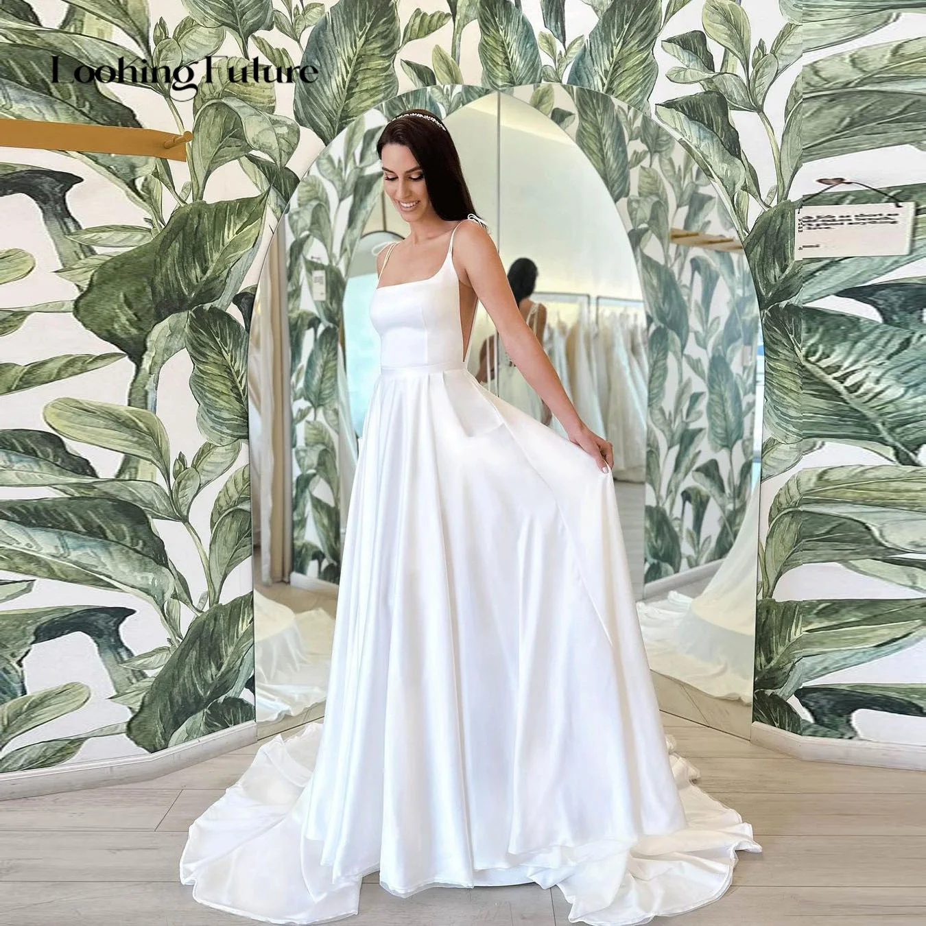 Simples espaguete vestido de casamento pescoço quadrado sem costas simples elegante rendas vestido de noiva trem varredura novia personalizado