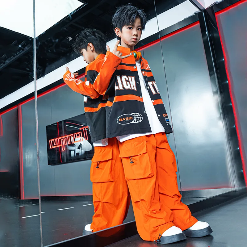 Boys Hip Hop Show Fashion Handsome Jazz Dance Children's Suits Loose Orange Long Sleeved Jacket Cargo Pants Girls Clothing