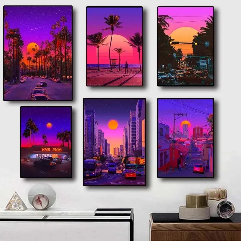 Synthwave Miami Ocaso Beach City Street Tours Canvas Painting Posters and Prints Wall Art Pictures for Living Room Decoration