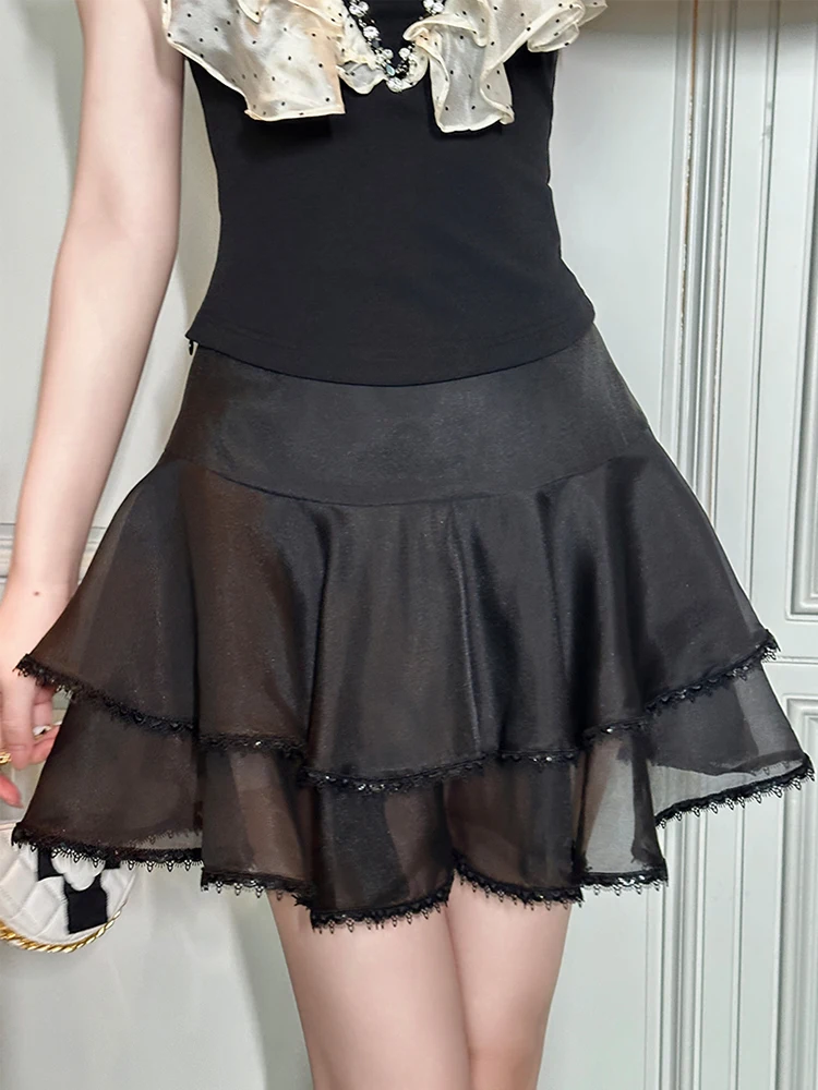 

Women's Kawaii Cute Black Cake Skirt Mujer Exquisite Casual Ruffles Short Skirts Female Party Street Clohes Club Ball Wear Femme