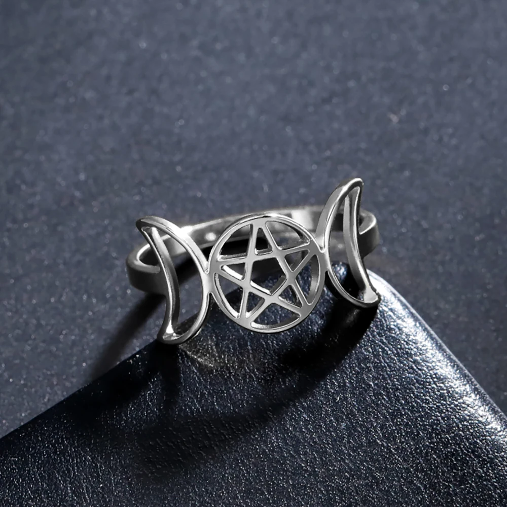 COOLTIME Pentagram Triple Moon Goddess Symbol Rings for Women Men Stainless Steel Crescent Star Ring Vintage Wicca Jewelry Gift