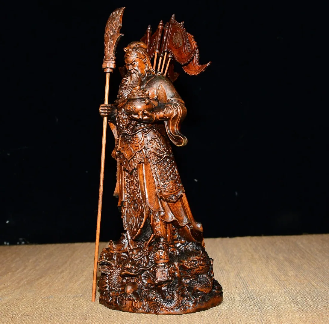 Old Boxwood Backlit banner insertion Treasure Bowl Guan Gong Statue Guan Yunchang, Immortal Dragon base Study  Town house