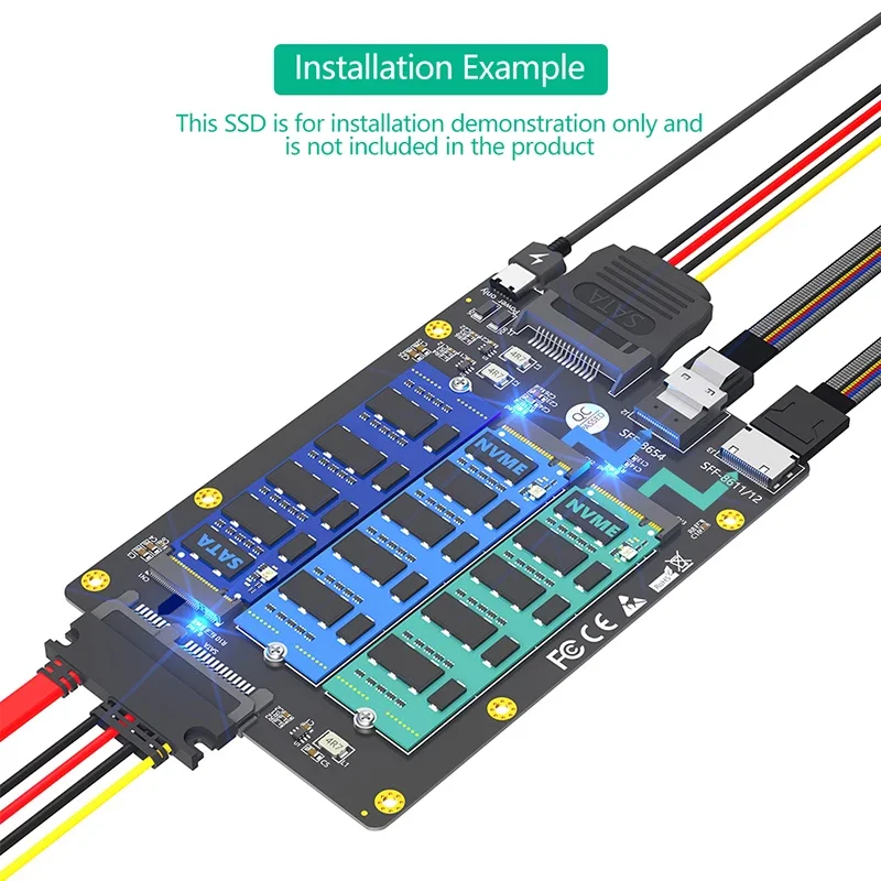 Adaptador ssd 3 em 1 chave m.2 sata b para sata3.0 + nvme para SFF-8611/12 + nvme para SFF-8654 com alimentação sata/USB-C para 2230-2280 m2 ssd