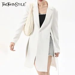 TWOTWINSTYLE Blazer de grife de divisão sólida para mulheres, gola entalhada, botão de retalhos de manga comprida, chic blazers, moda feminina