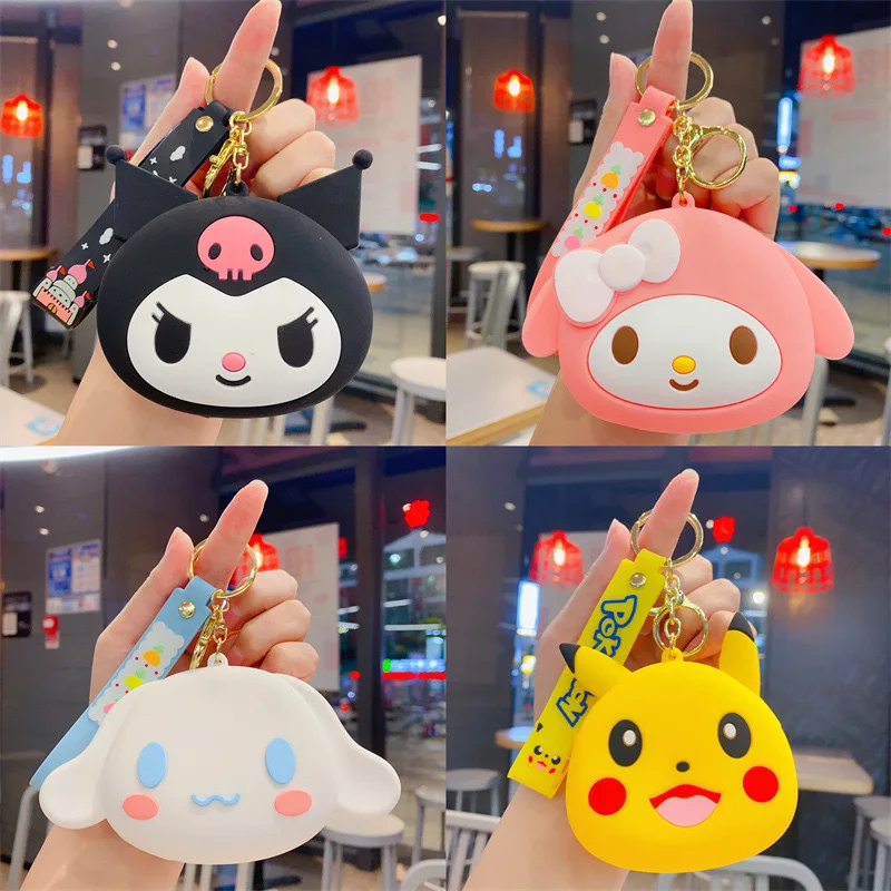 Sanrio Kuromi monederos llavero de silicona Stitch Spiderman bolsa de almacenamiento de auriculares Kawaii Melody Hello Kitty llavero cartera regalos