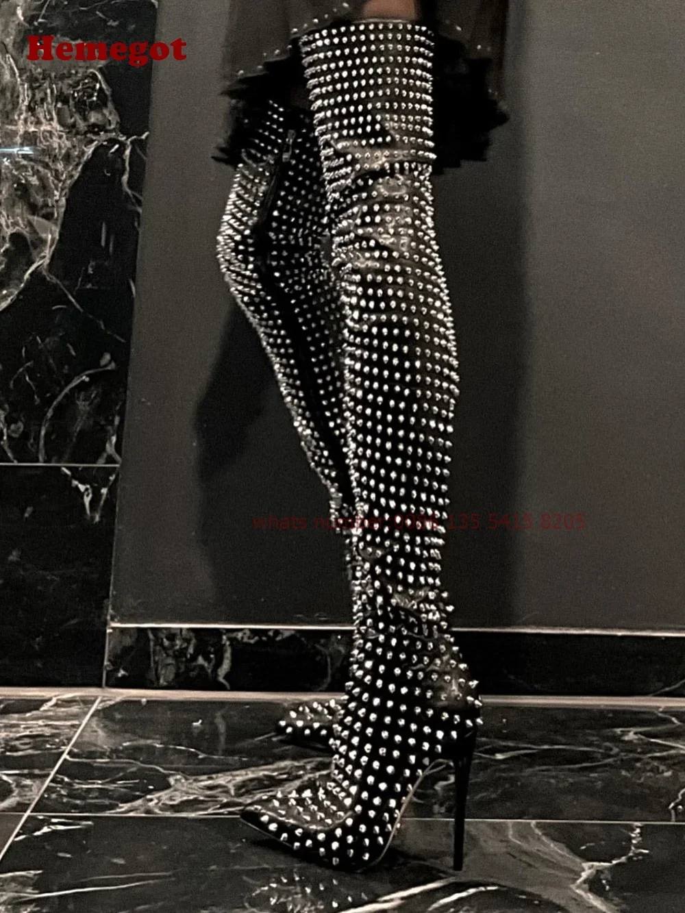 

Silver Rivet Thin Heels Thigh High Boots Pointy Toe Studded Side Zipper Black Women's Long Boots Bling Luxury Motorcycle Shoes