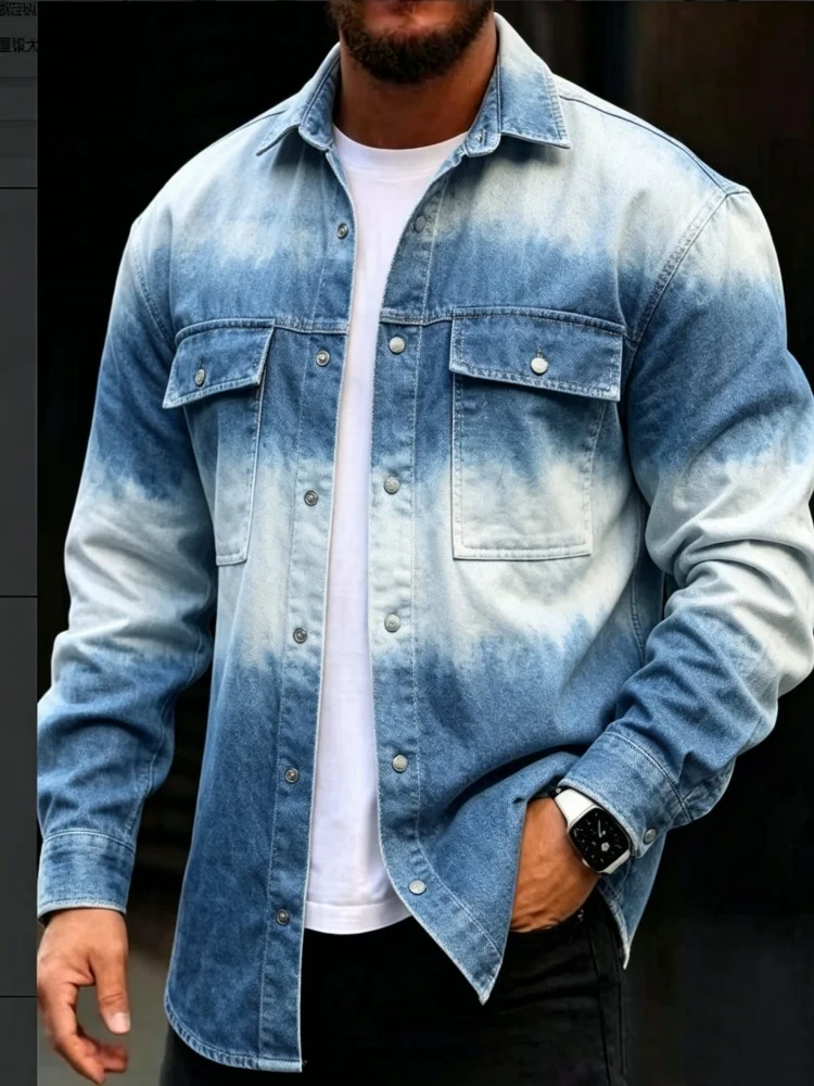 Men's Two Tone Blue Ombre Washed Fake Denim Long Sleeve Shirt Dual Flap Pocket Loose Fit Outer Shirt