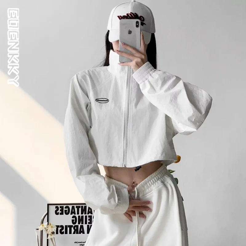 Cropped Track Jackets Women Vintage Zipper Windbreaks Streetwear Y2k Korean Fashion Gorpcore Girl White Black Short Outerwear