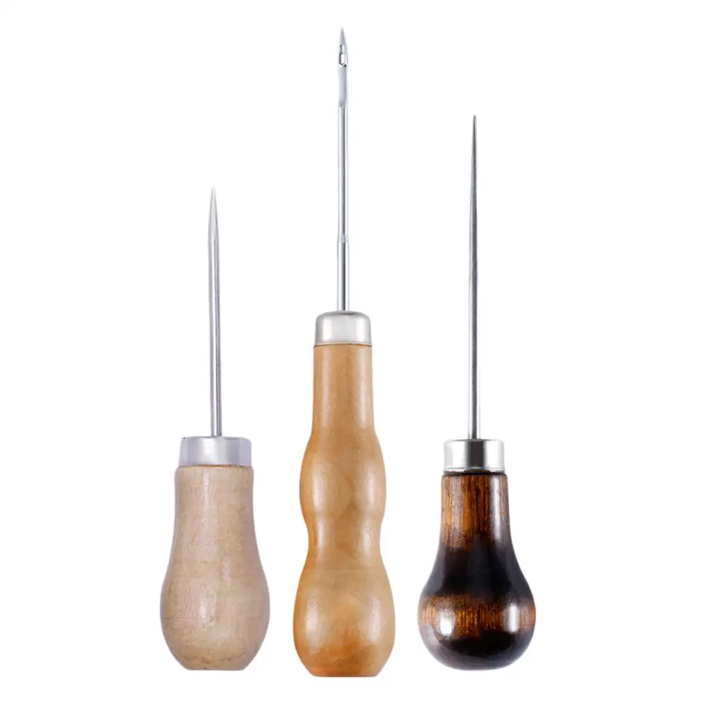 3-6pack 3pcs Wooden Handle Awl Leather Craft Stitching Awl DIY Sewing Leather