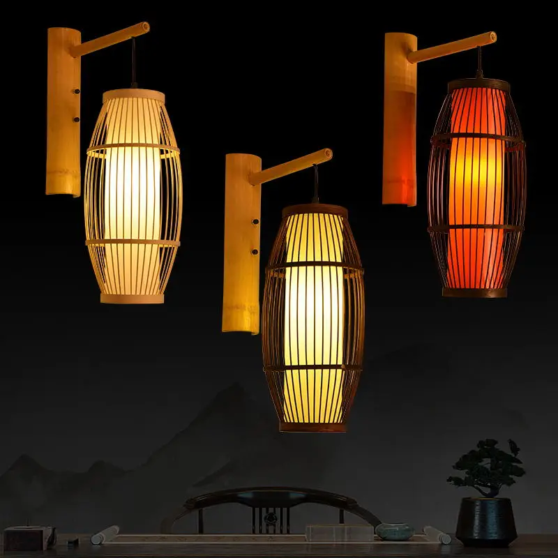 

Southeast Asian Zen bamboo lamps, Chinese antique bamboo art creativity, minimalist tea room, farmhouse, aisle, restaurant