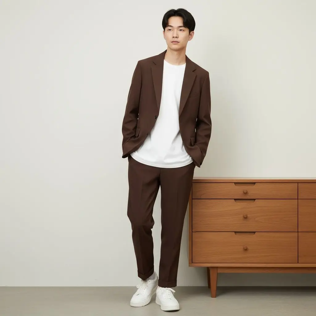 Men Relaxed Basic Blazer Suit Set Faux Wool Elastic Waist Cuffed Pants Korean Streetwear 2 Pcs Smart Casual City Boy Oversized