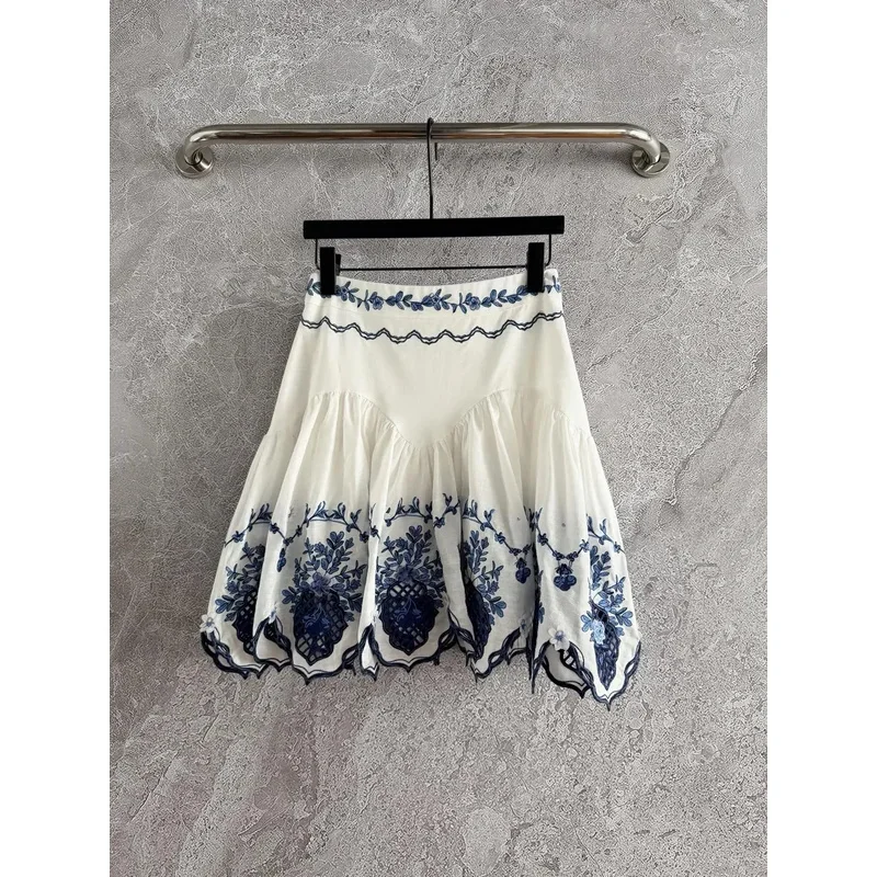 2025 New Fashion White Hollow Embroidery Long Sleeve Blouse Top and Mini Skirt Set