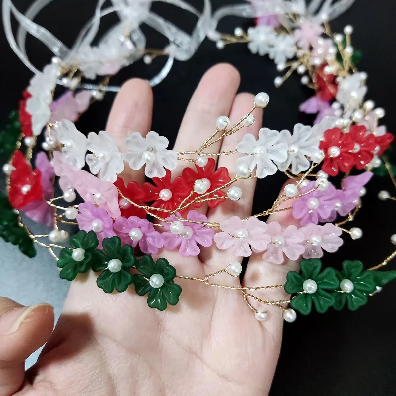 Corona de flores, guirnalda de novia con cinta, corona de comunión, diadema hecha a mano, Tiaras de hadas, accesorios para el cabello de boda