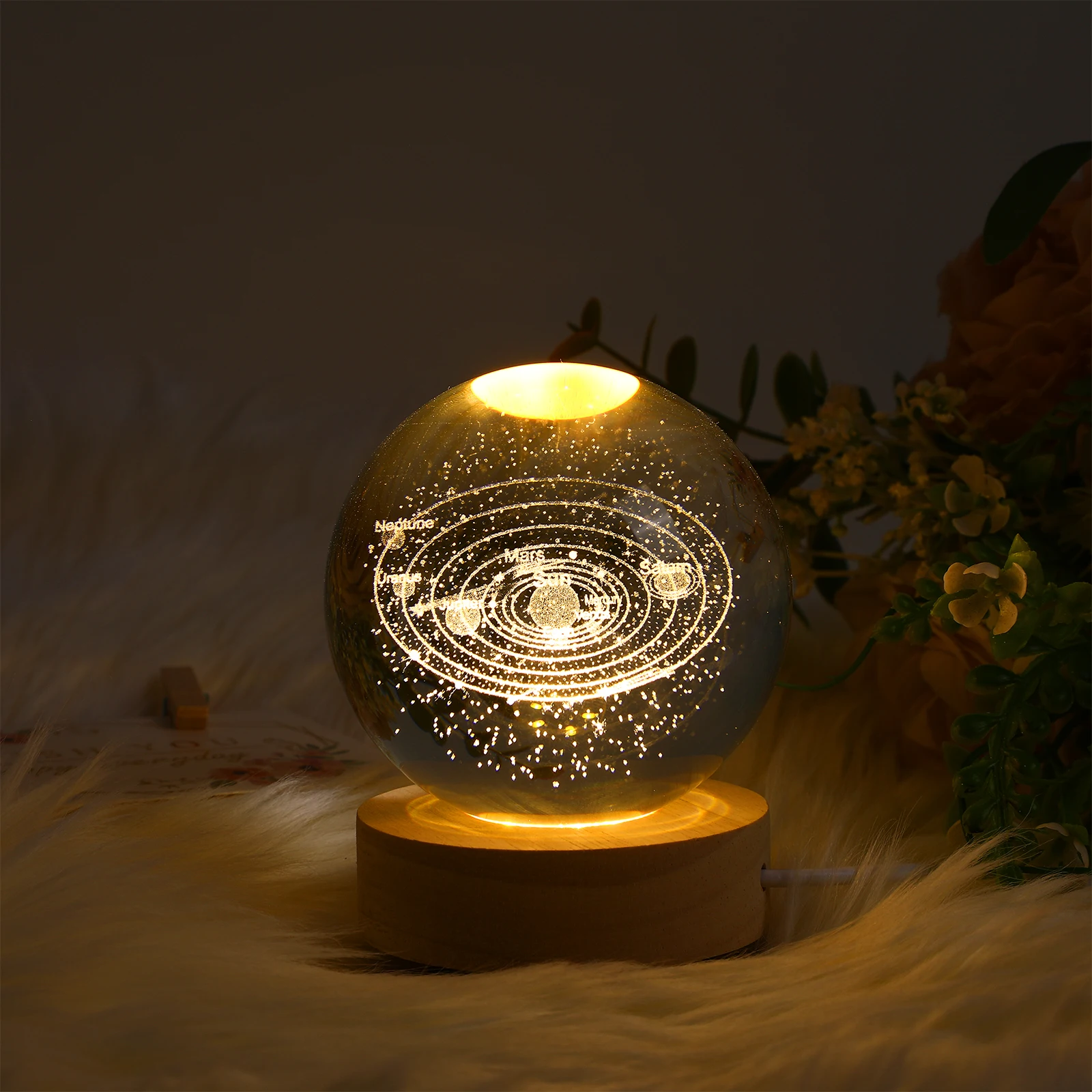 

3D Inner Carving Lamp Night Light Solar System Crystal Ball Light Wooden Base Decorative Lamp For Bedroom Home Office