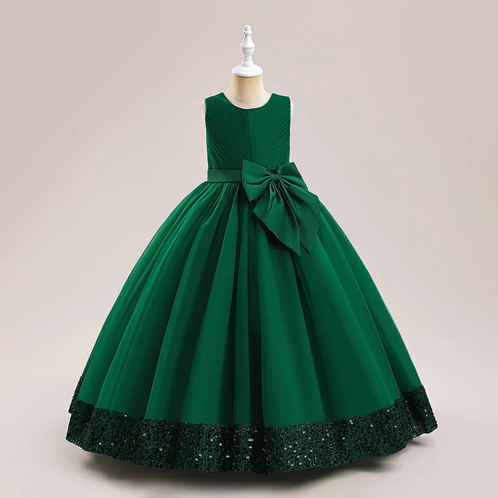 

Flower Girl Xmas Dresses Gown Bow Sequin Lace Long Wedding Pageant First Communion Clothes For Children Formal Evening Vestidos