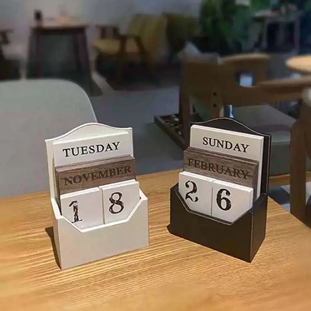 

Aesthetic Wooden Perpetual Calendar Manual Reusable Desk Calendar Ornament Home Decoration Black Date Display Ornament