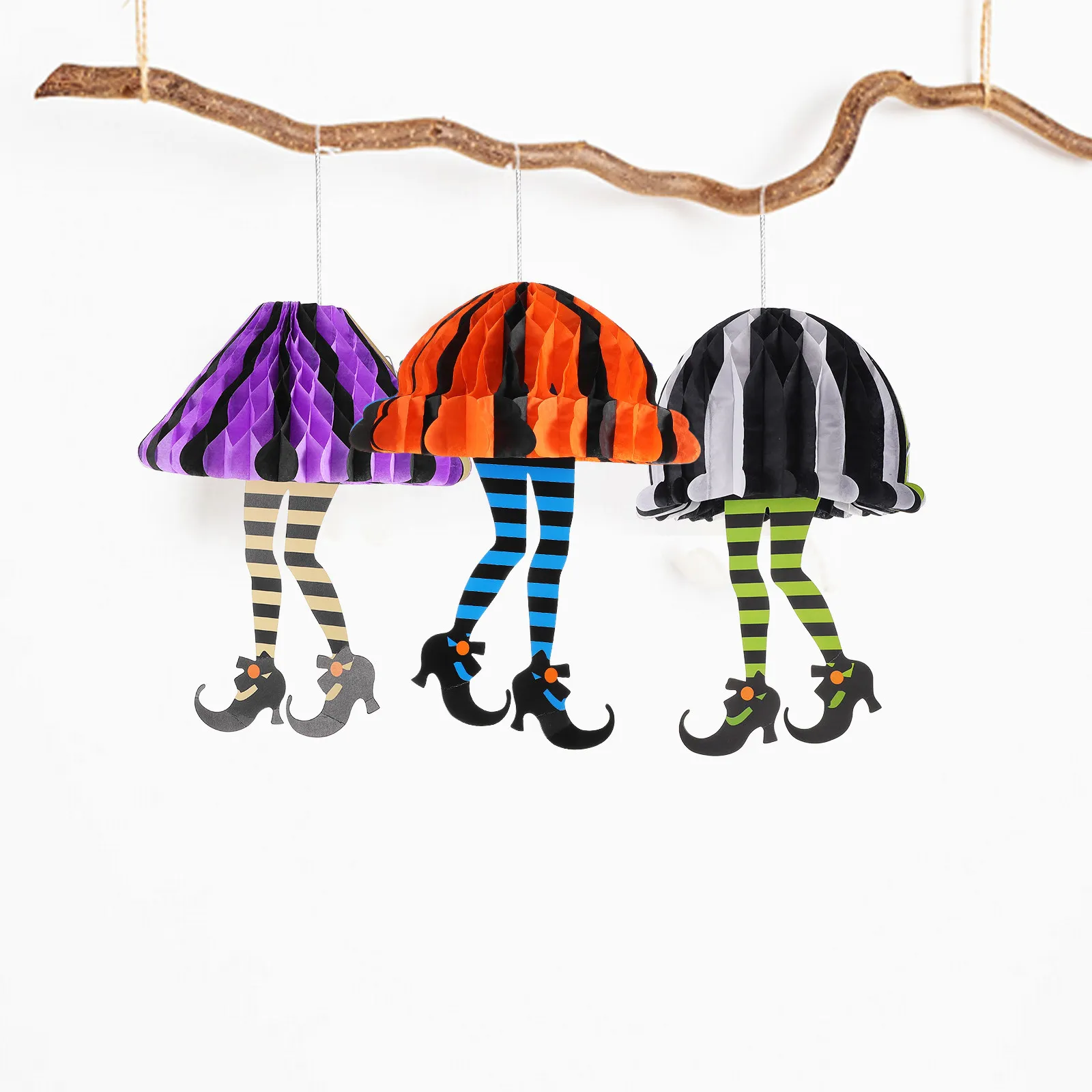 3 pcs Halloween Witch Leg Decorative Hanging Lanterns Paper Pumpkin Honeycomb Shaped Yard Porch Party Decoration