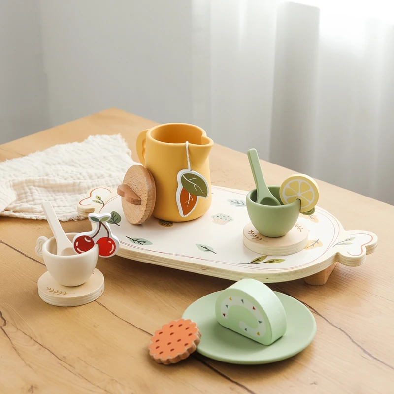 Baby Holz Montessori Spielzeug Silikon Tassen Holz teller Tabletts Dessert Modell spielen Haus Nachmittags tee Set Kinder Puzzle Spielzeug Geschenk – Detail 8