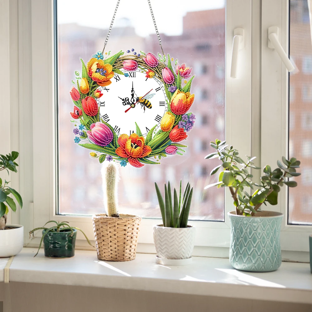 

2D Flat DIY Special Shape Rhinestone Diamond Art Clock Wall Pendants Diamond Clock Art Pendant Window Hanging Art for Home Decor