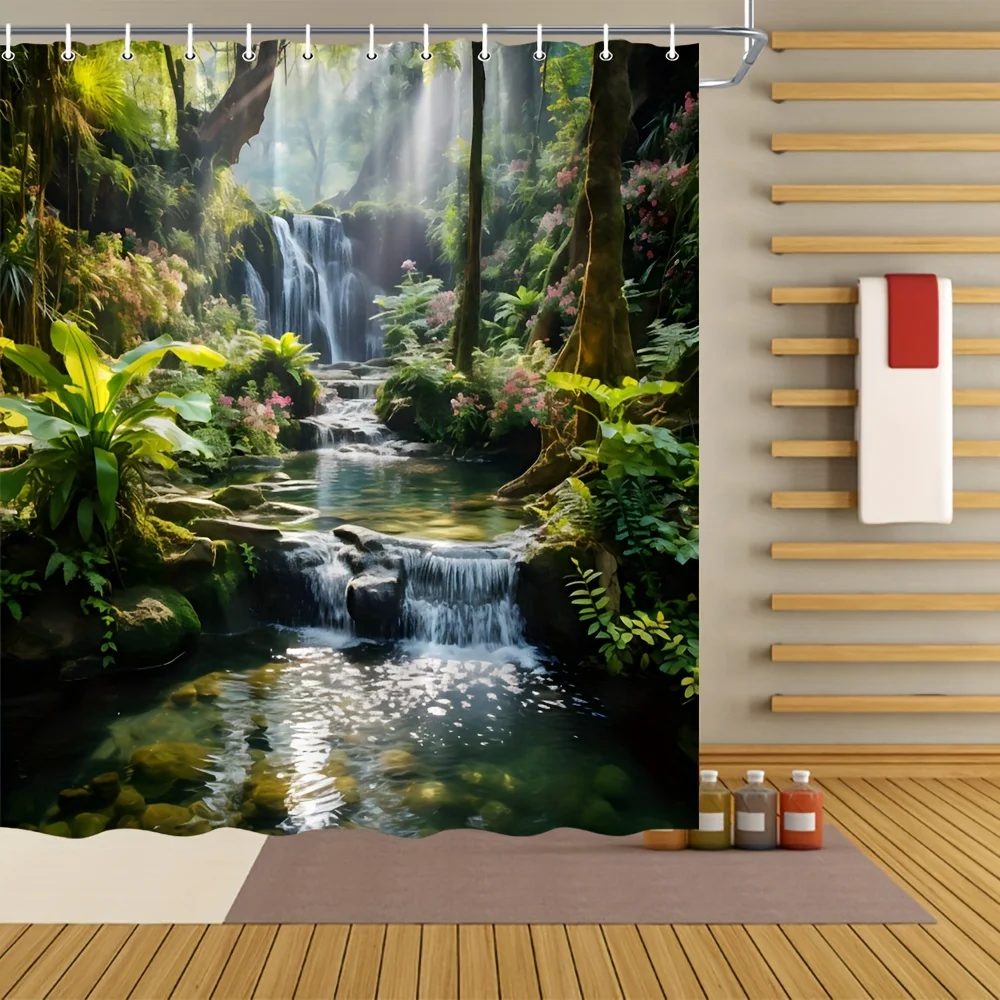 Waterfall Shower Curtain Featuring Green Plants And Natural Scenery, Perfect for Outdoor-Themed Bathroom Decor, Includes Hooks,