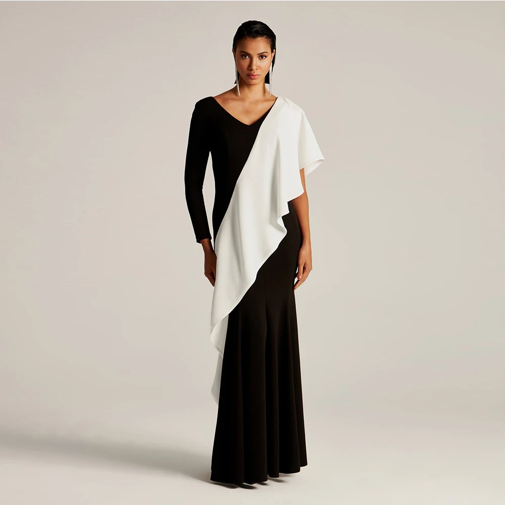 

Customized Black and White Evening Dresses for Women Party One Shoulder Cap Prom Dress Long V Neck Cocktail Gowns Mermaid