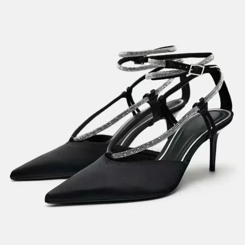 

Women Sandals 2025 Summer Pointed Toe and Elegant Cross Straps on New Black Design High Heeled Sandal for Woman Party Shoes