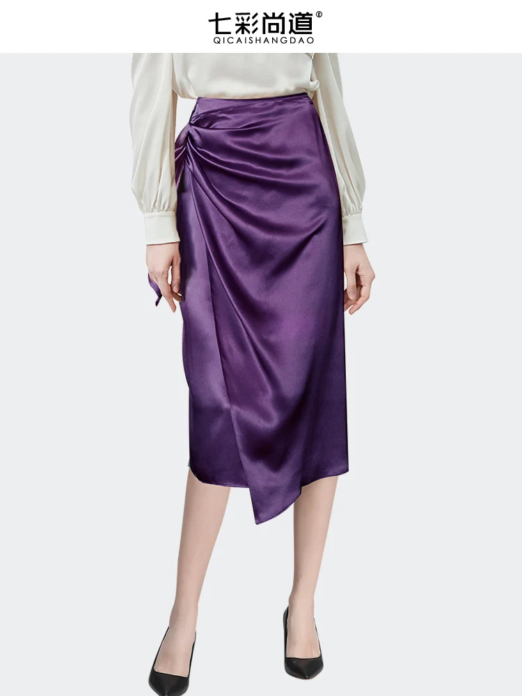 Fashion Satin Purple Pencil Skirt Women' Summer High Waist Mid-length Skirts Elegant Sexy Party Working Bottoms