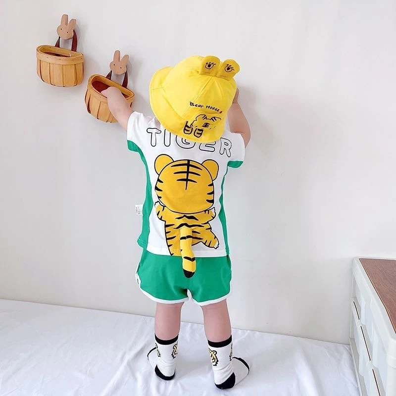 Summer Baby Dinosaur Outfit, Internet-famous Boys' Cotton Short-Sleeve Sports Two-Piece Set, Super Cute Little Tiger Clothes for