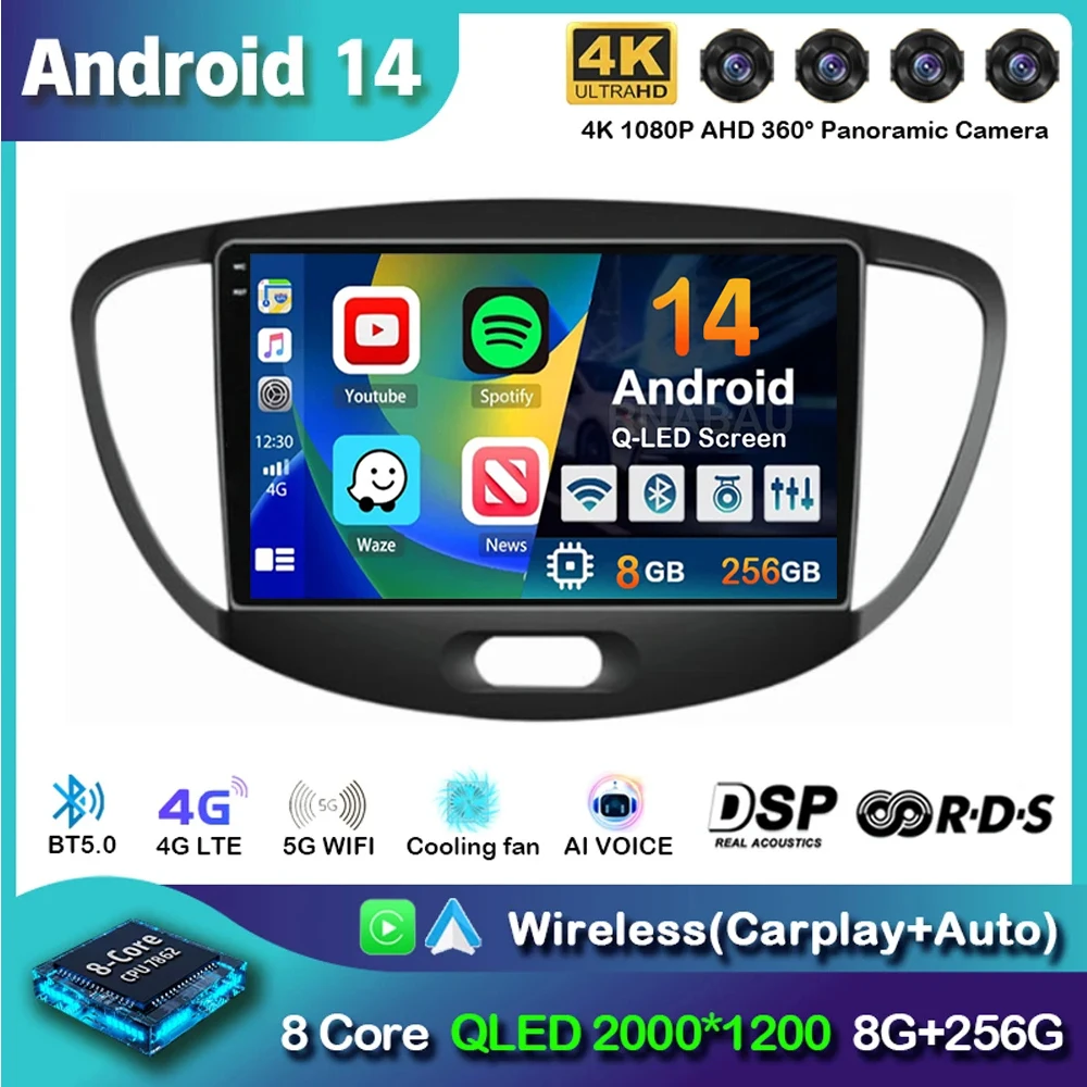 

Android 14 Carplay Auto Car Radio For Hyundai I10 2007 2008 2009 2010 2011 2012 2013 GPS Recorder Multimedia Player 4G+WiFi DSP