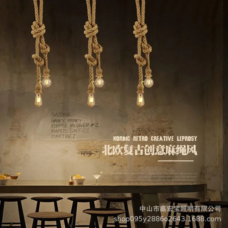 Retro Industrial Style Single Double Heads Hemp Rope Chandelier American Industrial Chandelier Ceiling Lamps E27 Edison LED