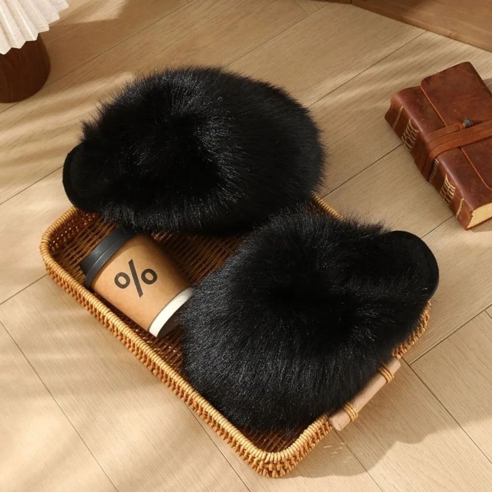 1 Pair Fluffy Faux Fur Women Fluffy Fur Slippers with TPR Non-slip Sole Non-slip Indoor Warm Slippers Winter House Slippers