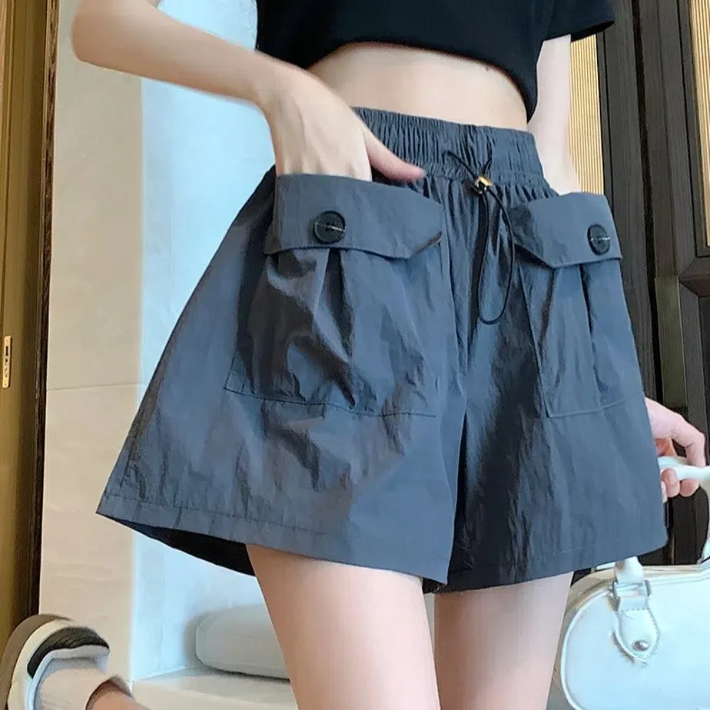 

All Match Loose High Waist Shorts Drawstring Lace Up Causal Shorts Women Large Pocket Streetwear Wide Half Leg Pants Female