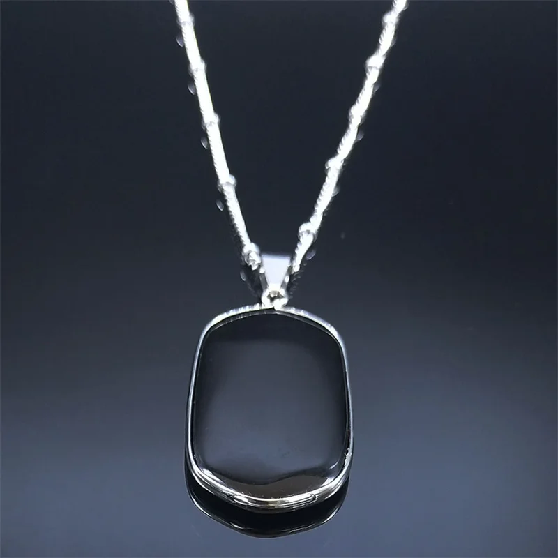 Schwarz Obsidian Geometrische Glück Anhänger Halskette Frauen Boho Naturstein Edelstahl Silber Farbe Halsketten Schmuck NA145S04 – Detail 6