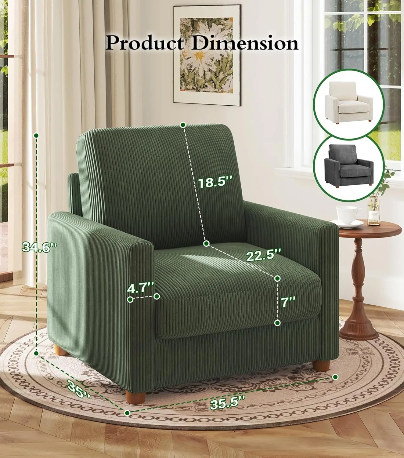 Green Corduroy Sofa Accent Chair for Living Room, Bedroom, Office - Tool - Free Setup, Extra Deep Seats