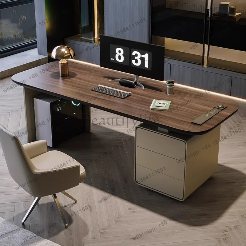 D06 Wooden Rounded Corner Desk with Drawer Storage Cabinet,Contemporary Writing Table for Home Office