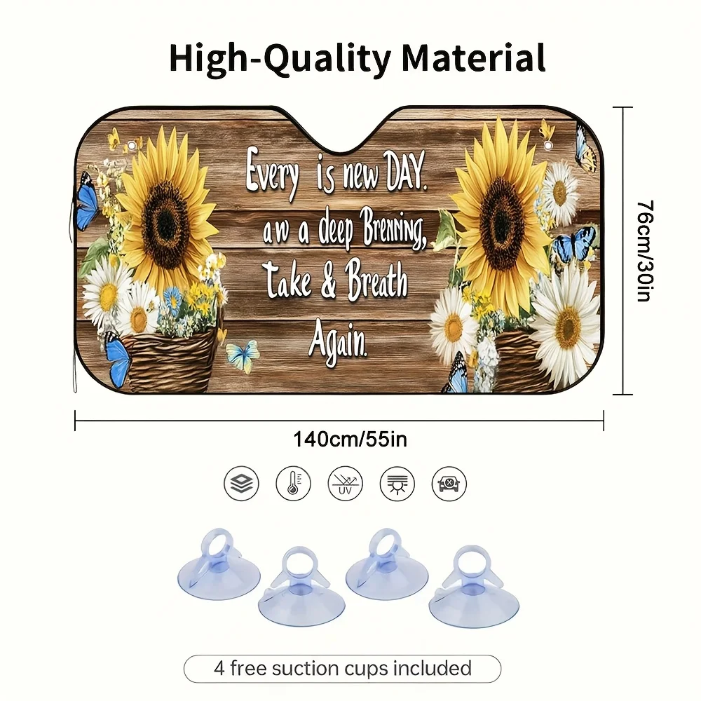 1pc Sunflower & Butterfly Car Sunshade With Inspirational Quotes - UV Protection, Foldable & Easy To Install, Includes 4 Suction